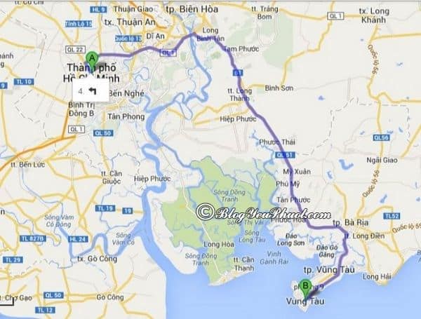 Bản đồ đường đi từ Sài Gòn đến Vũng Tàu: Khoảng cách đường đi từ Sài Gòn tới Vũng Tàu du lịch