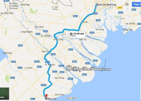 Bản đồ đường đi từ Sài Gòn đến Bạc Liêu: Khoảng cách và đường đi du lịch Bạc Liêu từ Sài Gòn